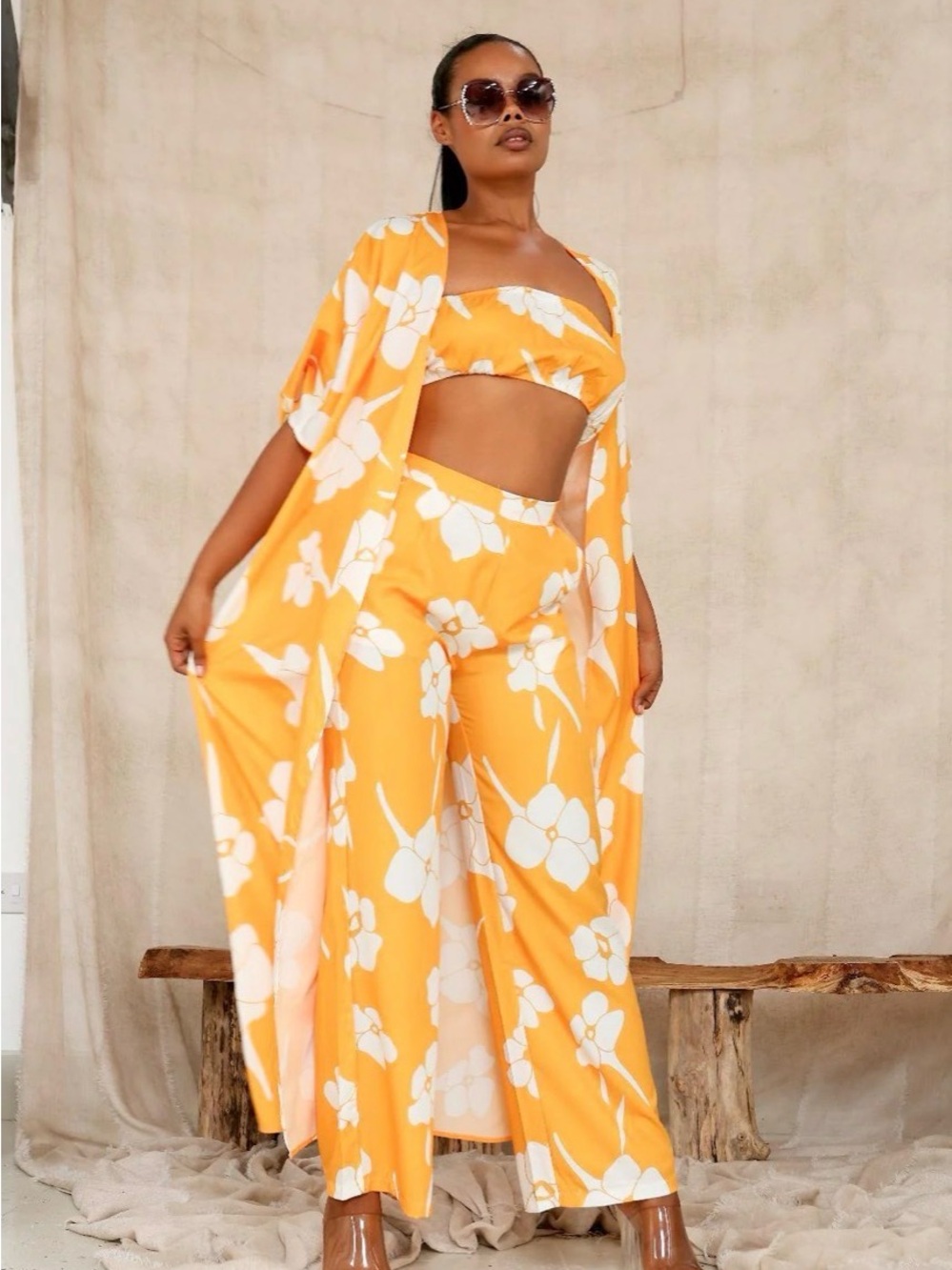 Three-Piece Floral Wide-Leg Set - Orange